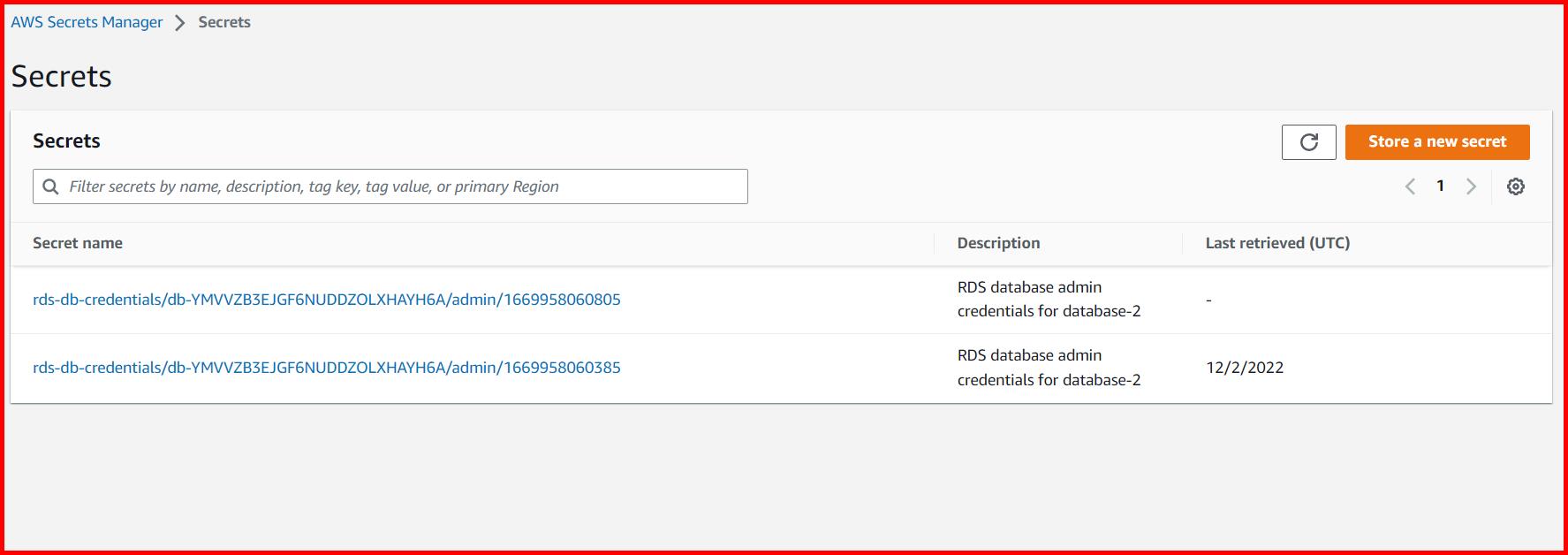 Picture showing the secret created for RDS in secret manager